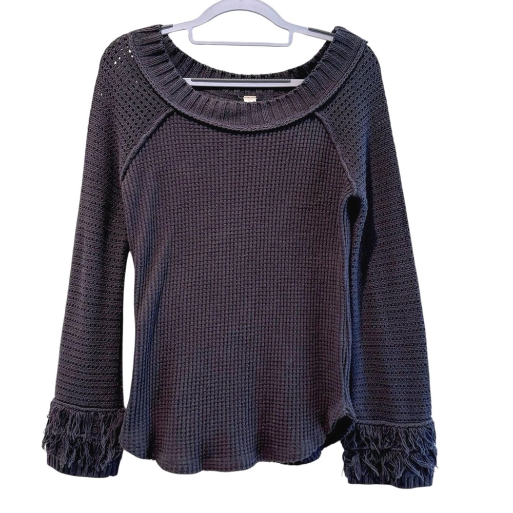 Altar'd State Sweater Dark Gray Boho Waffle Knit Fringe Cuff Women Small